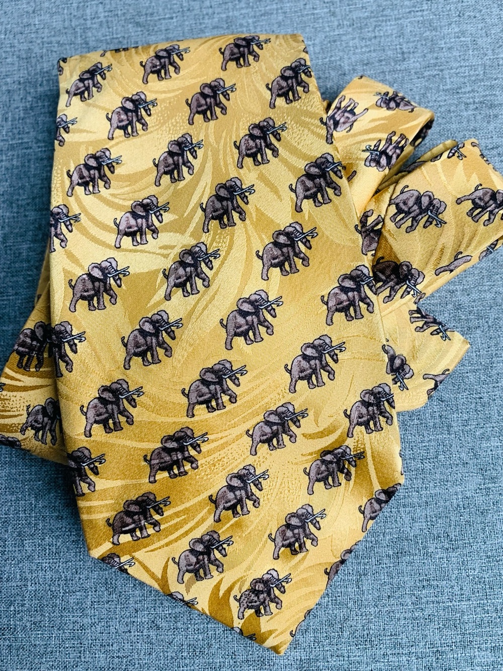 Silk Tie Necktie Gold Yellow Elephant Africa Safari Wildlife Animal Gift